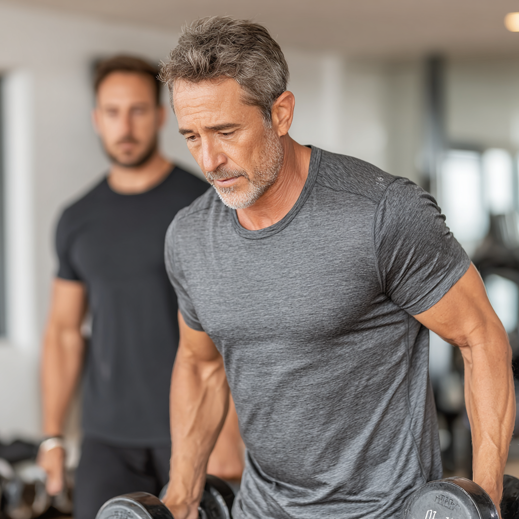 Bărbat de 52 de ani lucrând individual cu un antrenor personal în sala de fitness, concentrat pe forma corectă a exercițiilor