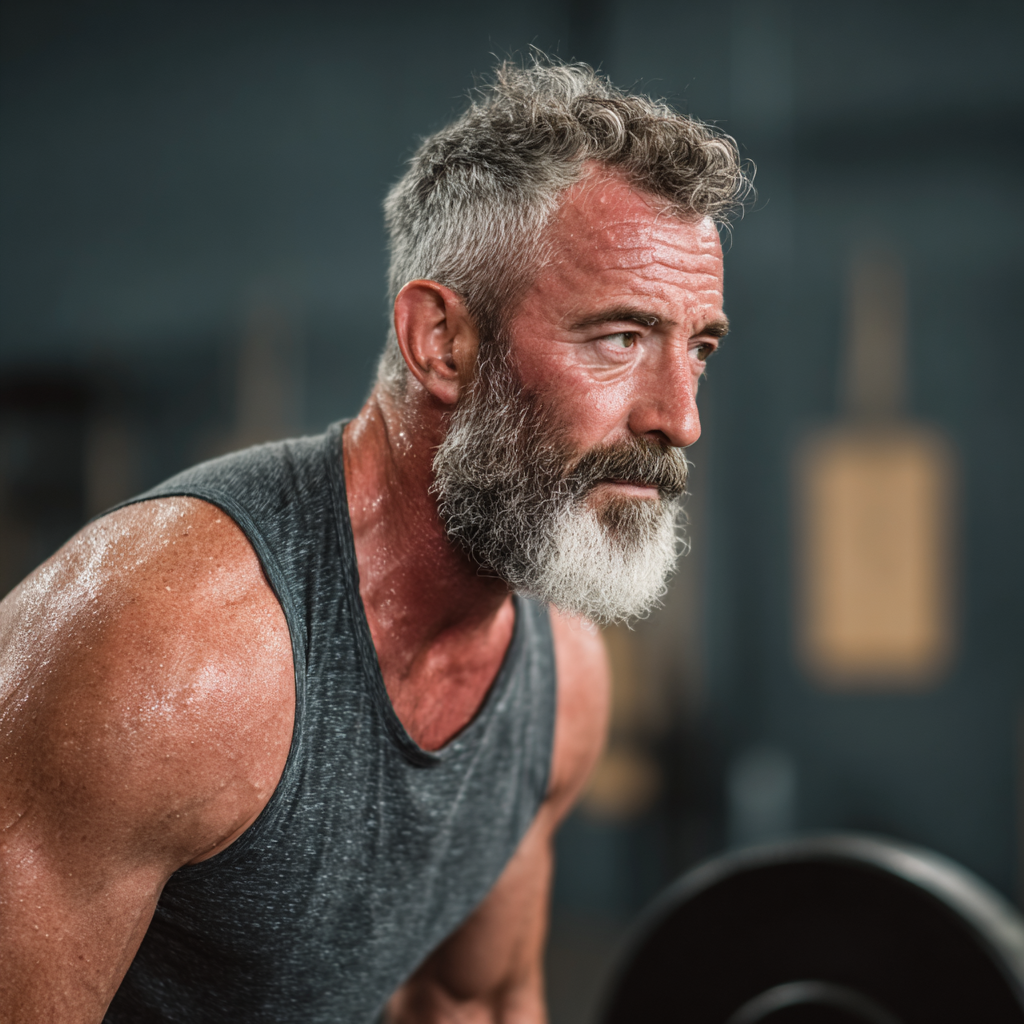Bărbat de 55 de ani în timpul unui antrenament intens de forță, ridicând greutăți în sala de fitness