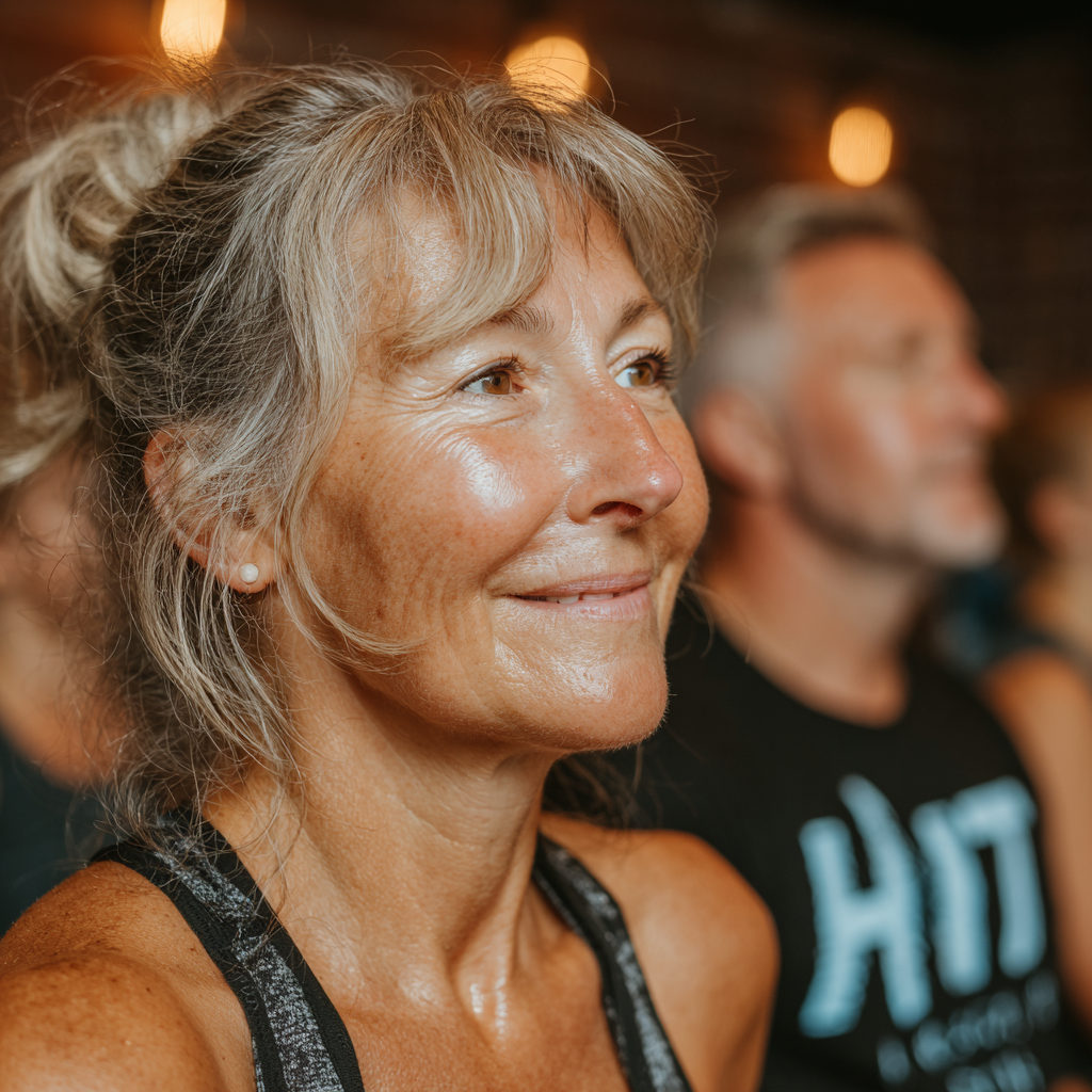 Femeie de 58 de ani executând exerciții HIIT într-un grup de fitness, zâmbind și transpirând