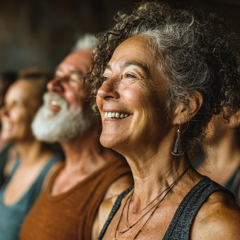 Grup de adulți între 50-60 de ani participând la o sesiune de antrenament în grup, toți zâmbind și motivându-se reciproc